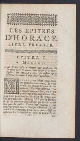 Les Epitres D'Horace. Livre Premier.
