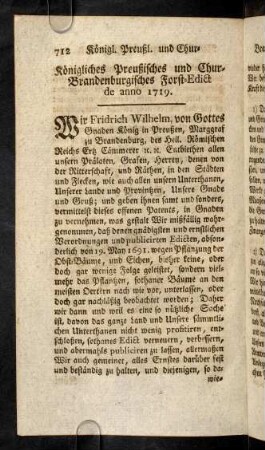712-721, Königliches Preußisches und Chur-Brandenburgisches Forst-Edict de anno 1719.