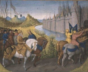 Grandes Chroniques de France — Einzug von König Ludwig VII. dem Jungen und von Kaiser Konrad II. in Konstantinopel, Folio 202