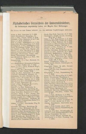Alphabetisches Verzeichnis der Universitätslehrer, die Vorlesungen angekündigt haben, mit Angabe ihrer Wohnungen.