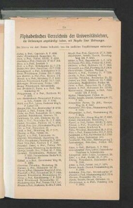 Alphabetisches Verzeichnis der Universitätslehrer, die Vorlesungen angekündigt haben, mit Angabe ihrer Wohnungen.