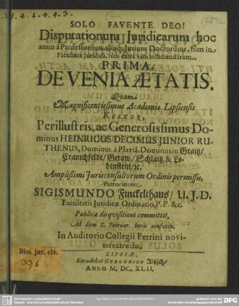 Disputationum juridicarum ... de venia aetatis