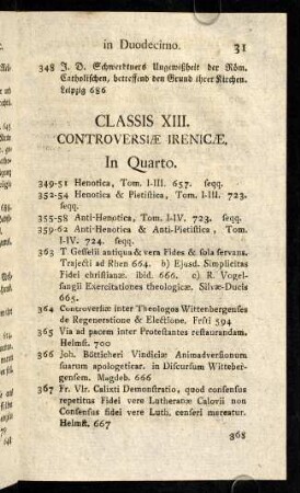 31-36, Classis XIII. Controversiae Irenicae. - Classis XV. Controversiae Cum Arianis et Socinianis.