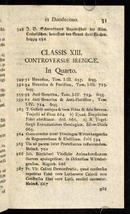 31-36, Classis XIII. Controversiae Irenicae. - Classis XV. Controversiae Cum Arianis et Socinianis.
