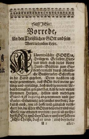 Hilff Jesu! Vorrede, An den Christlichen Gott und sein Wort liebenden Leser