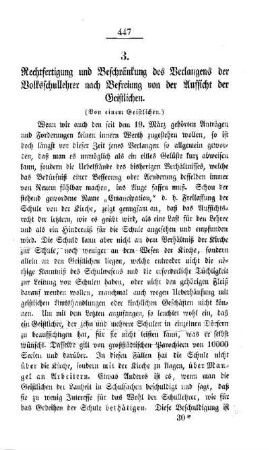 Rechtfertigung und Beschränkung des Verlangens der Volksschullehrer nach Befreiung von der Aufsicht der Geistlichen : (Von einem Geistlichen)