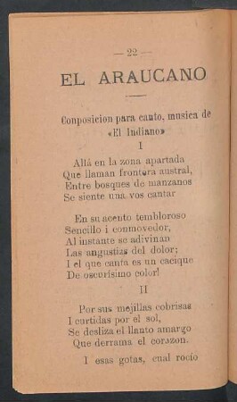 El araucano : Composición para canto, música de "El indiano"