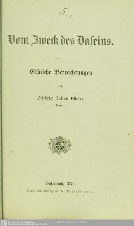 Vom Zweck des Daseins : ethische Betrachtungen