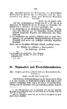 Nachtrags-Verzeichniß höherer Unterrichts-Anstalten : [III. Gymnasial- und Real-Lehranstalten]
