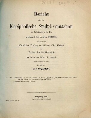 Bericht über das Kneiphöfische Stadt-Gymnasium zu Königsberg i. Pr. : während des Schuljahres .... 1889/90