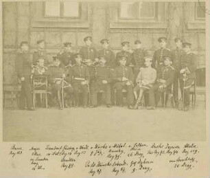 Gruppenbild mit Freiherr Gustav von Starkloff, Leutnant Dragoner-Regiment 26, späterer General der Kavallerie, stehend oder sitzend, siebzehn Offiziere in Uniform und Mütze, Bilder in Brust- und Halbprofil