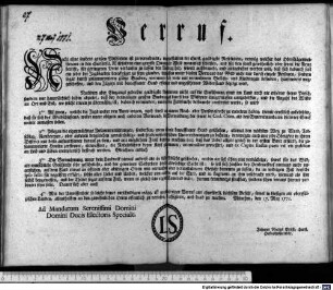 Verruf. : München, den 27. May 1771. Ad Mandatum Serenissimi Domini Domini Ducis Electoris Speciale. Johann Niclas Prößl, churfl. Hofrathssecretär.