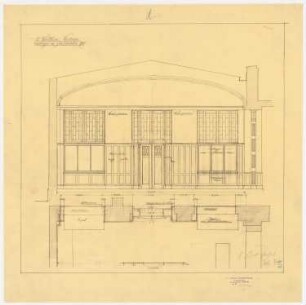Warenhaus Wertheim, Leipziger Straße, Berlin 3. Bauabschnitt, Erweiterungsbau Voßstraße: Vorhalle an der Voßstraße, Korsettlager: Wandansicht Schmalwand mit Grundriss, 1:25