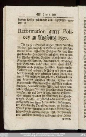 Reformation guter Policey zu Augspurg 1530.