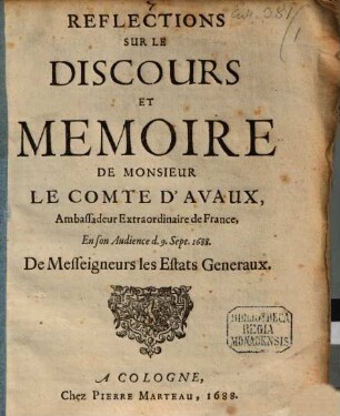 Réflexions sur le discours et memoire de Mr. le Comte d'Avaux