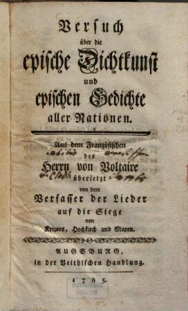 Versuch über die epische Dichtkunst und epischen Gedichte aller Nationen