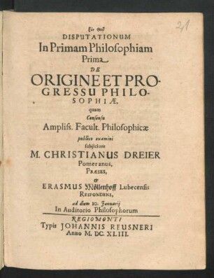 Disputationum In Primam Philosophiam Prima De Origine Et Progressu Philosophiae