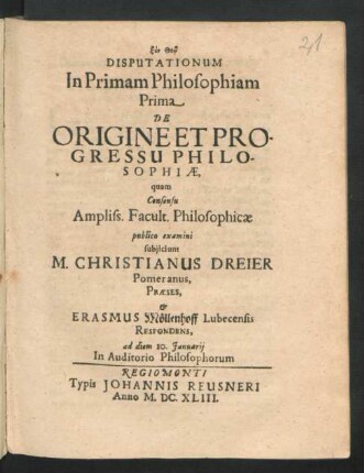 Disputationum In Primam Philosophiam Prima De Origine Et Progressu Philosophiae