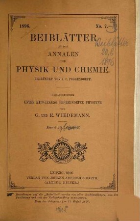 Annalen der Physik. Beiblätter zu den Annalen der Physik, 20, b. 1896