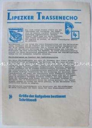 Zeitung des FDJ-Objekts "Erdgastrasse" u.a. zur Planerfüllung