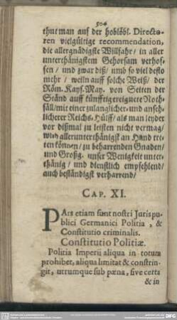 Cap. XI. De Politia Imperii, & constitutione Criminali Carolina