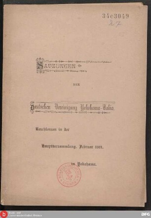 Satzungen der Deutschen Vereinigung Yokohama-Tokio : beschlossen in der Hauptversammlung, Februar 1901 in Yokohama