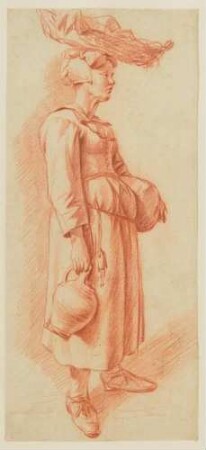 Stehende Bauersfrau mit Korb auf dem Kopf