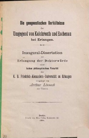 Die geognostischen Verhältnisse der Umgegend von Kalchreuth und Eschenau bei Erlangen