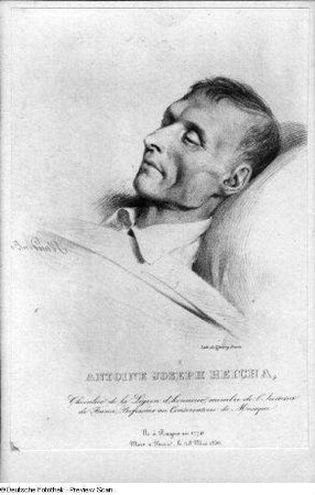 Antoine Joseph Reicha auf dem Sterbebett. Lichtdruck nach Lithographie