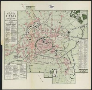 Plan von Zittau und Umgebungskarte mit Einträgen zum Grundbesitz von Zittau , 1:10 000 u. 1:112 500, Lithographie, 1906 : 1. Plan von Zittau / nach Plänen des Stadtbauamtes. Bearb. von R. Müller. - Rev. 1906. - 1:10 000. - Zittau : Haupt u. Schwager, 1906. - 1 Kt. : Lithogr. ; 37,3 x 34,0 cm +++ 2. Karte des Grundbesitzes der Stadt Zittau / Gez. von R. Müller. - Gez. 1900, rev. 1906. - 1:112 500. - Zittau : Haupt u. Schwager, 1906. - 1 Kt. : dreifarb. Lithogr. ; 36 x 29,5 cm