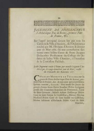 Jugement de M. l`Archevêque Duc de Reims