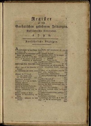 Register zu den Gothaischen gelehrten Zeitungen. Ausländische Litteratur. 1792.