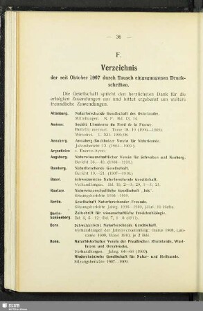 F. Verzeichnis der seit Oktober 1907 durch Tausch eingegangenen Druckschriften