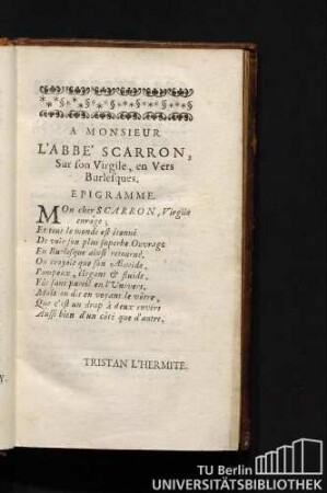 A Monsieur L'Abbe' Scarron, Sur fon Virgile, en Vers Burlesques. Epigramme.