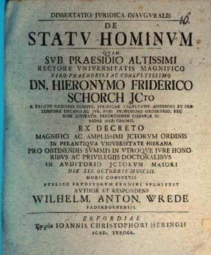 Dissertatio Jvridica Inavgvralis De Statv Hominvm