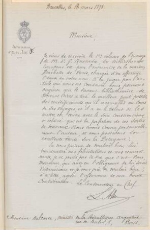 [Carta de agradecimiento a Vicente Quesada en francés, Bruselas, 18 de marzo de 1878] : Biblioteca Real de Bruselas