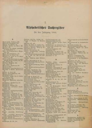 I. Alphabetisches Sachregister für den Jahrgang 1884