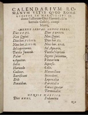 Calendarium Romanum Vetus Quod Romæ Legitur In Marmoribus In domo Vallarum Circi Flaminii [...]