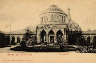 Postkartenalbum mit Motiven von Karlsruhe. "Gruß aus Karlsruhe. Vierordtbad". Eingangsbereich des Vierordtbades