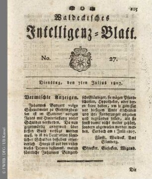 No. 27, Dienstag, den 7ten Julius 1807