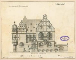 Rathaus, Bonn-Poppelsdorf Monatskonkurrenz Juli 1894: Aufriss Straßenansicht (Kirschenallee) 1:150; Maßstabsleiste