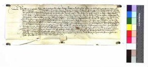 Propst Otto zu Ellwangen belehnt Konrad Mumpach als Lehensträger des Spitals daselbst mit dem von letzterem erkauften Halbteil an der Schenke zu Röhlingen und dem Halbteil an den beiden Fischwassern, oberhalb der Mühle und im Schlierbach gelegen.