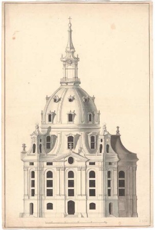 Dresden, Frauenkirche. Entwurf, Aufriss : Dresden, Frauenkirche. Aufriss der Südseite. Entwurf George Bähr, unbekannter Zeichner, um 1730. Feder, Pinsel in grau/Papier. 66,8 x 44,3 cm. Bez.: Rückseite mit den gestempelten Initialen "FvB" Maßstab mit Maßeinheit Ellen (40 Ellen=17,4 cm).
