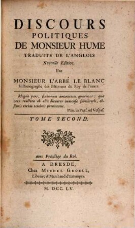 Discours Politiques De Monsieur Hume : Traduits De L'Anglois. Tome Second