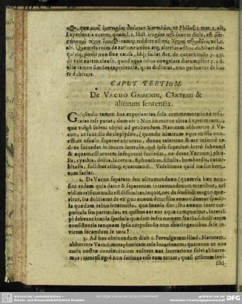 Caput Tertium. De Vacuo Gassendi, Cartesii & aliorum sententia