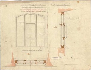 Littmann, Max; Archiv Littmann, Mappe 9, Gitter, Türen, Fenster (Schlosserarbeiten) - Fenster im Rauchzimmer, Umbau, Königinstr. 13 (Grundriss, Ansicht, Schnitt)