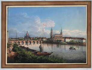 Ansicht von Dresden, Blick von der rechten Elbseite in Höhe des Palaisgarten auf die Altstadt