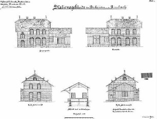 Birkenau: Bahn-, Straßen- und Giebelansicht; Schnitt durch den Güterschuppen Empfangsgeb.