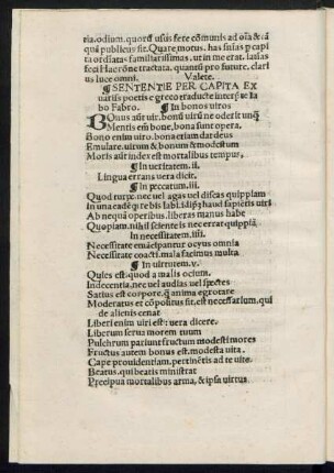 Sententie Per Capita Ex variis poetis e greco traducte interprete Iacobo Fabro.