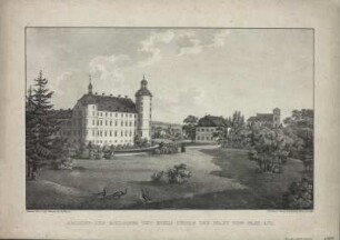 Ansicht vom Schloß des Fürsten Pückler zu Muskau mit der Schlosskirche, Lithographie, 1825 : Ansicht des Schlosses und eines Theils der Stadt vom Park aus. - Berlin : Königl. Lith. Inst. , 1825. - 1 Kunstbl. : Lithographie ; 36 x 23 cm